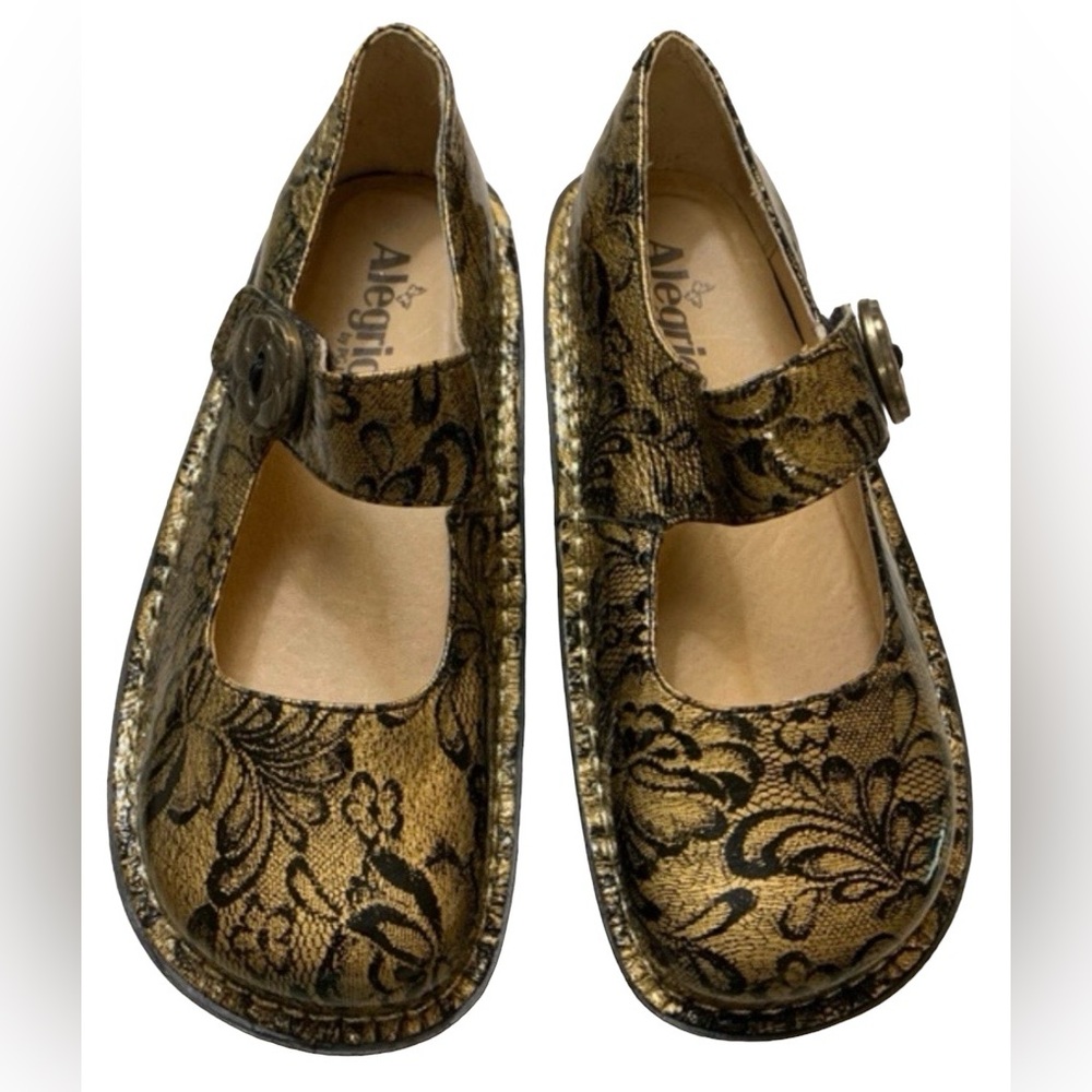 Gold/Black Alegria PG LITE Leather Mary Janes Clogs size 36